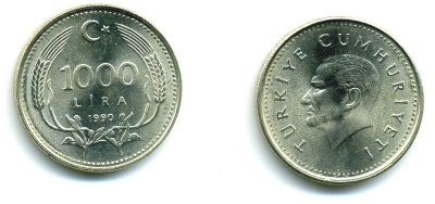 Турция 1000 лир 1990 Кемаль Ататюрк KM 997 медь цинк никель 25-356