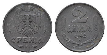 Сербия 2 динара 1942 год-тип KM 32 цинк 4364-1934