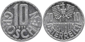 АВСТРИЯ 10 ГРОШЕЙ 1977 KM 2878 алюминий 113-616