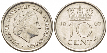 НИДЕРЛАНДЫ 10 ЦЕНТОВ 1963 ЮЛИАНА KM 182 никель 4547-835