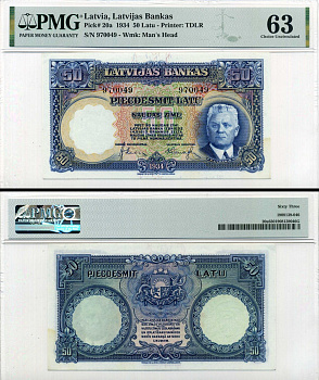 Латвия 50 лат 1934 в слабе PMG 63 (Choice Uncirculated) Pick 20 бумага UNC (пресс) 452-2-68