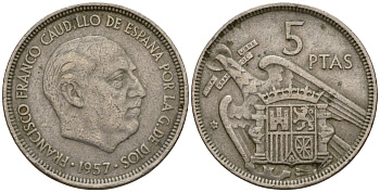 Испания 5 песет 1957 (60) Франсиско Франко (1939-1975) KM 786 медно-никель 186-451