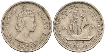 Британские Восточно-Карибские территории 10 центов 1959 Елизавета II (1952-2022), парусник KM 5 медно-никель 4596-518