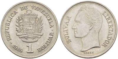 Венесуэла 1 боливар 1989 Симон Боливар KM 52a.2 сталь плакированная никелем 57-147