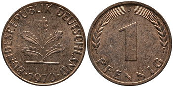 ФРГ 1 пфенниг 1970 J KM 105, J.380 сталь плакированная медью 99-315