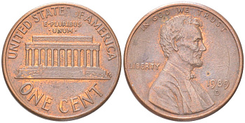 США 1 цент 1989 D, Линкольн KM 201b цинк плакированный медью 4613-1246