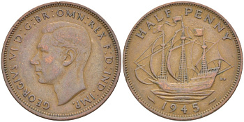 Великобритания 1/2 пенни 1945 Георг VI (1936-1952) KM 844, Spink 4115 бронза    4603-1025