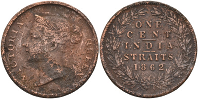 Стрейтс-Сетлментс 1 цент 1862 Виктория (1837-1901), Ост-Индская компания KM 6 медь 4590-232