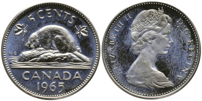 Канада 5 центов 1965 Елизавета II (1952-2022), бобер KM 60.1 никель UNC 4543-622
