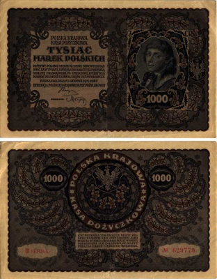 ПОЛЬША 1000 МАРОК 1919 23 АВГУСТА 1919, ТРЕТИЙ ВЫПУСК, ПОРТРЕТ КОСТЮШКО Pick 29 бумага XF 8607-39-1