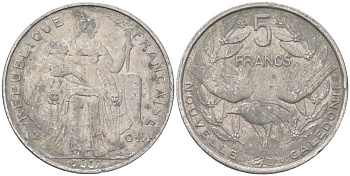 Французская Новая Каледония 5 франков 2007 птица кагу, (IEOM) KM 16, Schoen 12, Lec 81k алюминий 215-233