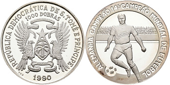 Сан-Томе и Принсипи 1000 добра 1990 чемпионат мира по футболу в Германии, один игрок KM 47 серебро PROOF 04-138-12