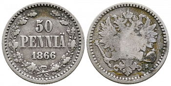 Россия для Финляндии 50 пенни 1866 S, Александр II (1855-1881) KM 2.1, Биткин 634 серебро 413-4011