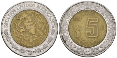 Мексика 5 песо 2002 M KM 605 биметалл 4591-235