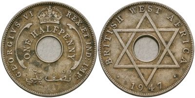 Британская Западная Африка 1/2 пенни 1947 H, Георг VI KM 18 медно-никель 25-1041