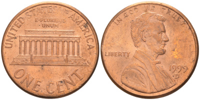 США 1 цент 1999 D, Авраам Линкольн KM 201b цинк плакированный медью UNC 187-1166