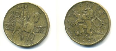 Чехия 20 крон 1999 чешский лев, герцог Вацлав на коне KM 5 сталь плакированная латунью 89-1633