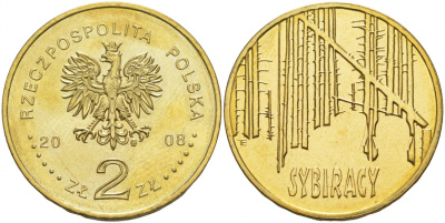 Польша 2 злотых 2008 сибирские ссыльные (сибирские леса) KM 638 латунь UNC M13-8