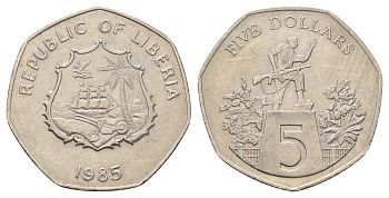 Либерия 5 долларов 1985 KM 44 медно-никель 4672-1034