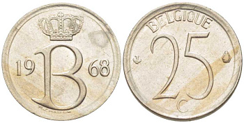 Бельгия 25 сантимов 1968 Belgique, Бодуэн I (1951-1993) KM 153.1 медно-никель 201-1264