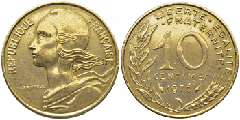 ФРАНЦИЯ 10 САНТИМОВ 1976 ТИП MARIANNE KM 929, LE FRANC 144.16 алюминиевая бронза 112-359
