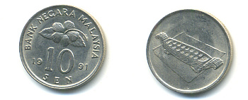 Малайзия 10 сенов 1991 цветок KM 51 медно-никель 176-762