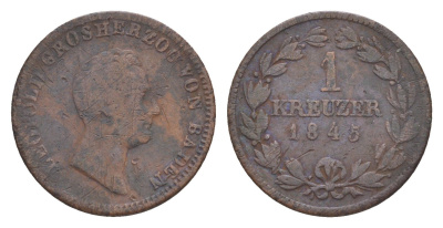Баден 1 крейцер 1845 Леопольд (1830-1852) KM 203 медь 4639-449