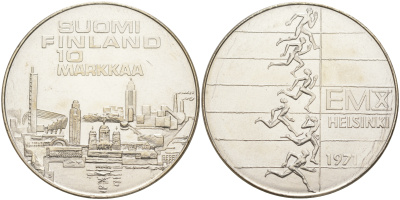 Финляндия 10 марок 1971 S-H, X Чемпионат Европы по легкой атлетике KM 52 серебро UNC 1523-632