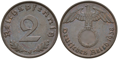 Германия 2 рейхспфеннига 1938 J KM 90, J. 362 бронза 4151-119