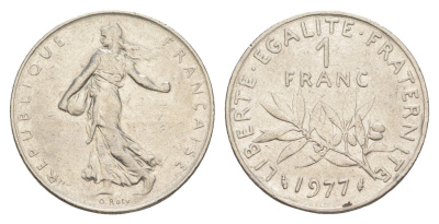 Франция 1 франк 1977 сеятель KM 925.1, Le Franc 226.22 никель 4652-443