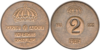 Швеция 2 эре 1966 U, Густав VI Адольф (1950-1973) KM 821 бронза 4364-831