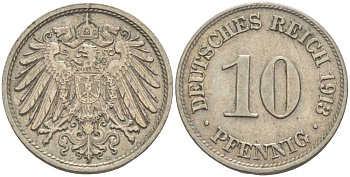 ГЕРМАНИЯ 10 ПФЕННИГОВ 1913 D KM 12, J. 13 медно-никель 33-636