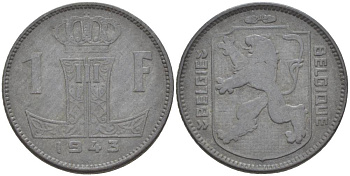БЕЛЬГИЯ 1 ФРАНК 1943 BELGIE-BELGIQUE KM 128 цинк 4546-237