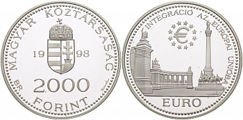 Венгрия 2000 форинтов 1998 интеграция в европейский союз KM 733 серебро PROOF 05-086-45