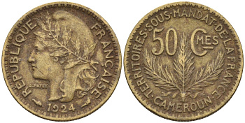 Французский Камерун 50 сантимов 1924 (а), монетный двор Париж KM 1 алюминиевая бронза 4164-1165