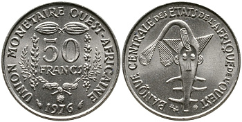 ВАЛЮТНЫЙ СОЮЗ СТРАН ЗАПАДНОЙ АФРИКИ 50 ФРАНКОВ 1976 FAO, ФЕДЕРАЦИЯ KM 6 медно-никель UNC 4538-257