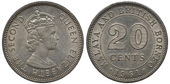 Малайя и Британское Борнео 20 центов 1961 Елизавета II (1952-2022) KM 3 медно-никель 4563-213