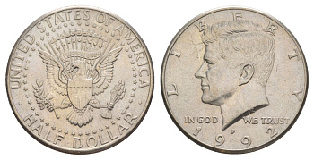 США 1/2 доллара (50 центов) 1992 P, Джон Кеннеди KM A202b медь плакированная медно-никелем aUNC 4517-723