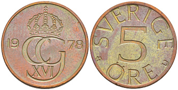 Швеция 5 эре 1978 Карл XVI Густав (1973- ) KM 849 бронза 187-814