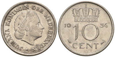Нидерланды 10 центов 1954  КМ 182 никель    4160-1247