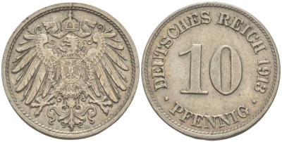 ГЕРМАНИЯ 10 ПФЕННИГОВ 1913 D KM 12, J. 13 медно-никель 33-636