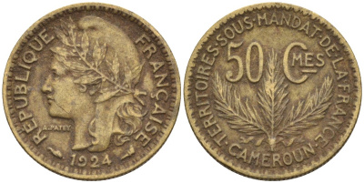 Французский Камерун 50 сантимов 1924 (а), монетный двор Париж KM 1 алюминиевая бронза 4164-1165