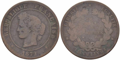 ФРАНЦИЯ 5 САНТИМОВ 1872 А, ТРЕТЬЯ РЕСПУБЛИКА (1871-1940), INCLUS KM 821.1, LE FRANC 118.6 бронза 108-713