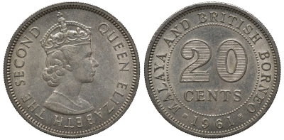 Малайя и Британское Борнео 20 центов 1961 Елизавета II (1952-2022) KM 3 медно-никель 4563-213
