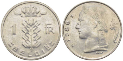 БЕЛЬГИЯ 1 ФРАНК 1988 BELGIE, БОДУЭН I (1951-1993) KM 143.1 медно-никель 119-655