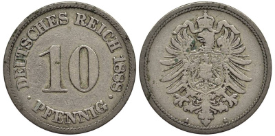 ГЕРМАНИЯ 10 ПФЕННИГОВ 1888 A, СТАРОГЕРБОВКА KM 4, Jager 4, Weege 7 медно-никель 4543-551