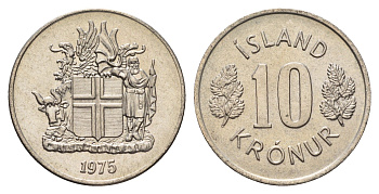 Исландия 10 крон 1975 KM 15 медно-никель UNC 4586-842