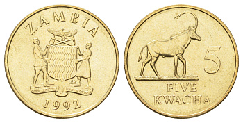 Замбия 5 квачей 1992 год-тип KM 31 латунь UNC 4516-757