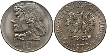 ПОЛЬША 10 ЗЛОТЫХ 1972 MW, КОСТЮШКО KM 50а медно-никель UNC 180-221