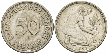 ФРГ 50 пфеннигов 1949 F KM 104, J. 379 медно-никель 112-939